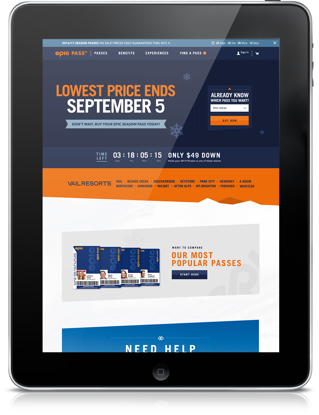 Epic Pass responsive website on a portrait tablet