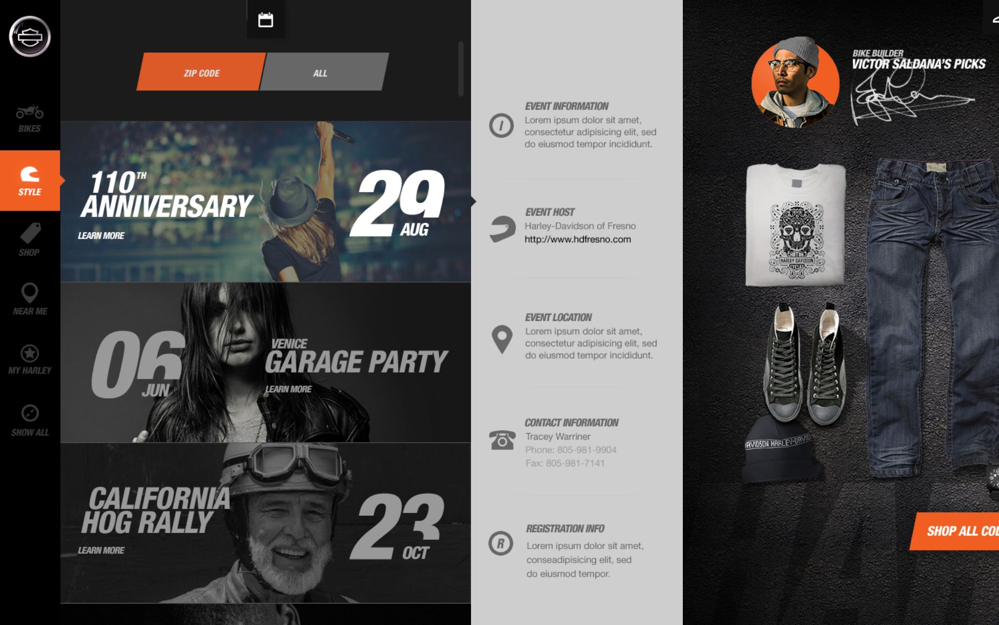 Gear and events, in context — HD.com concept screen