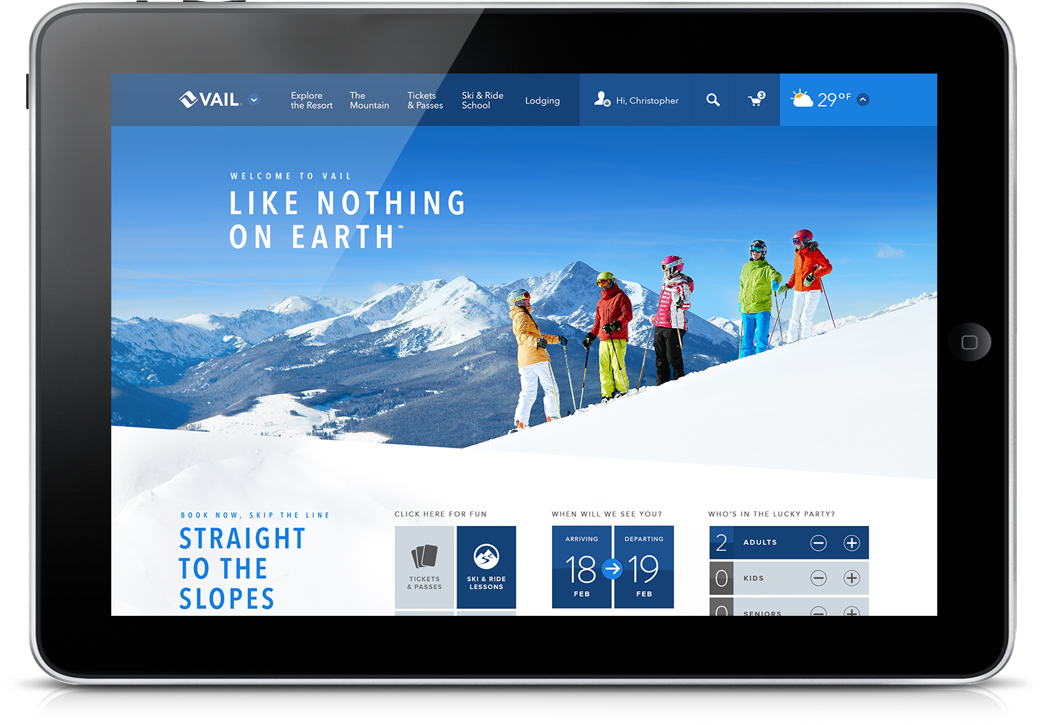 Vail resort website displayed on a tablet